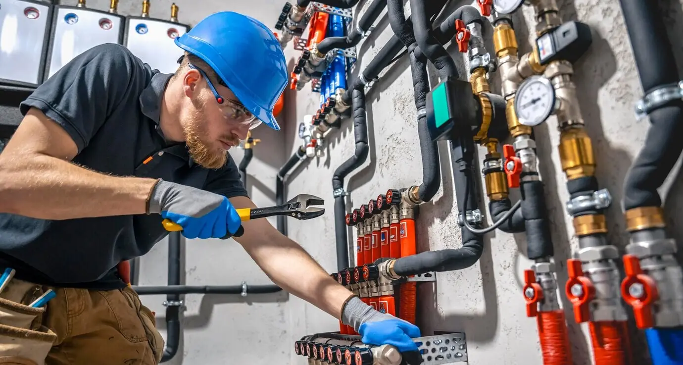 The technician inspects the heating system in the boiler room.