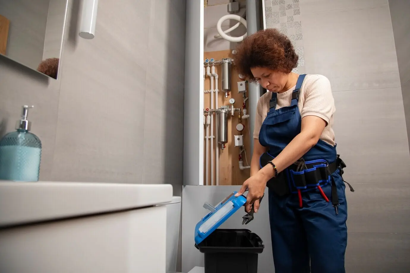 A female plumber working to resolve problems at a client's home.